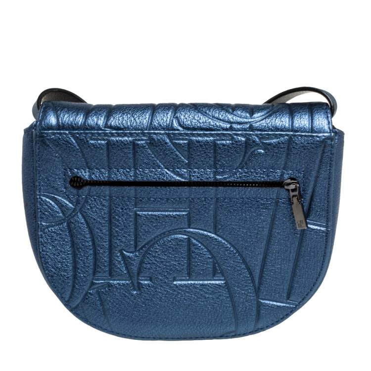 Pre Owned Carolina Herrera Metallic Blue Monogram Leather Crossbody Bag