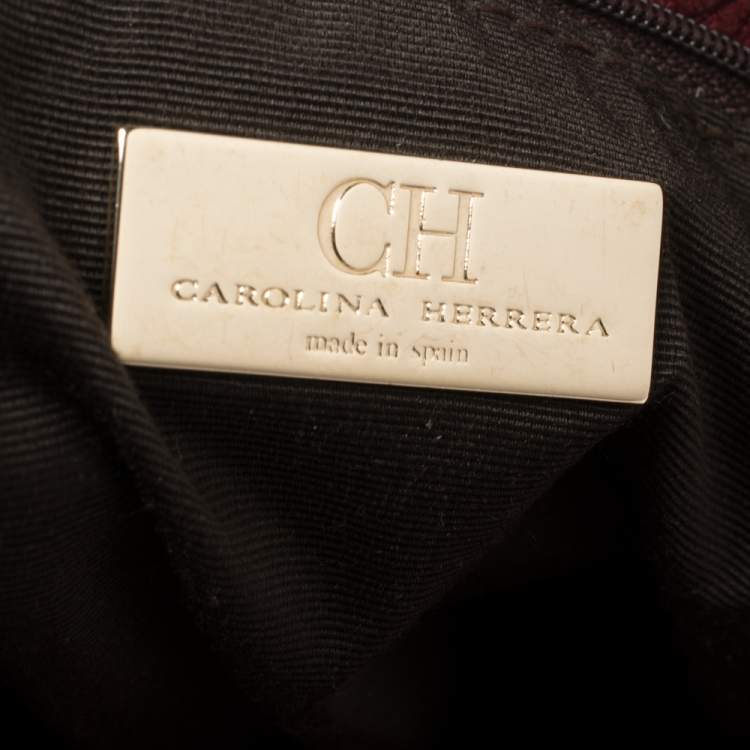 Pre Owned Carolina Herrera Burgundy Monogram Embossed Leather Middle Zip Satchel