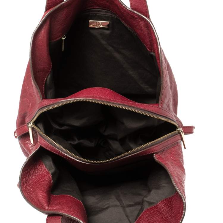 Pre Owned Carolina Herrera Burgundy Monogram Embossed Leather Middle Zip Satchel