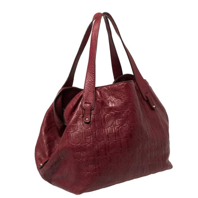 Pre Owned Carolina Herrera Burgundy Monogram Embossed Leather Middle Zip Satchel