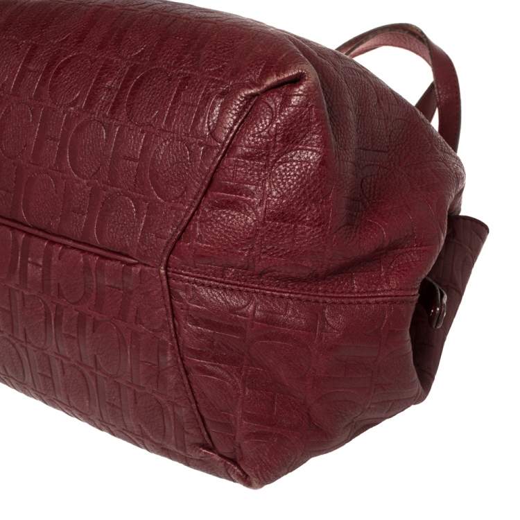 Pre Owned Carolina Herrera Burgundy Monogram Embossed Leather Middle Zip Satchel