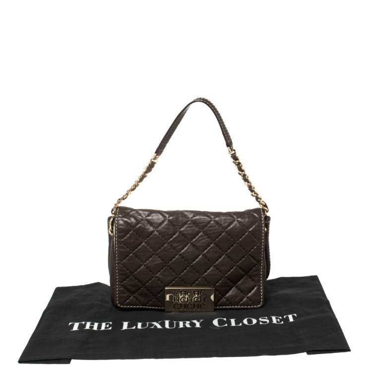 Pre Owned Carolina Herrera Brown/Beige Monogram Leather and Canvas Flap Shoulder Bag