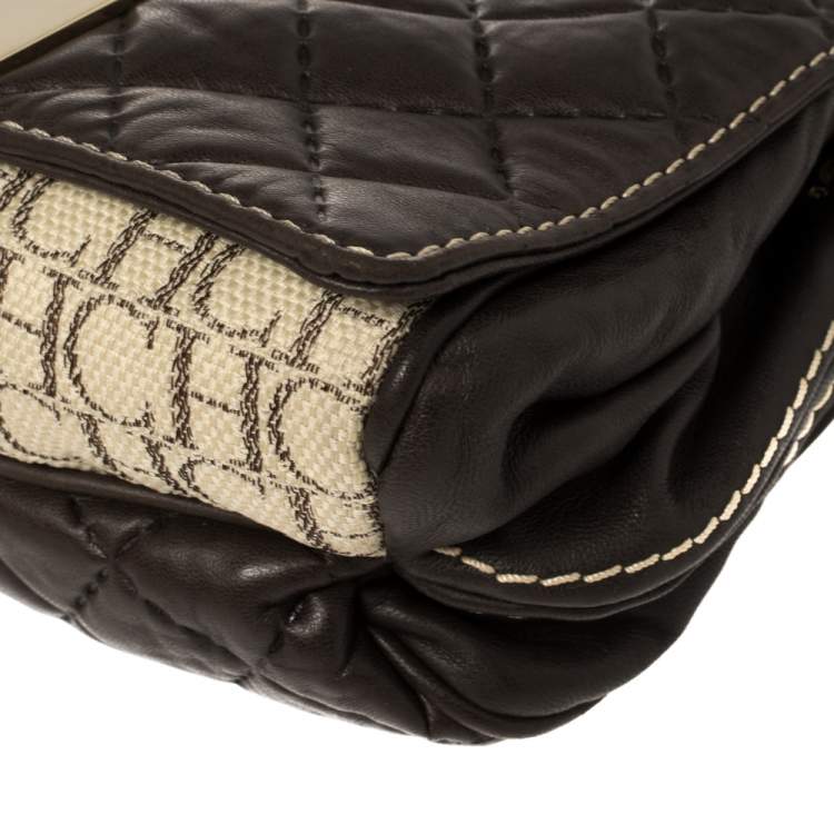 Pre Owned Carolina Herrera Brown/Beige Monogram Leather and Canvas Flap Shoulder Bag
