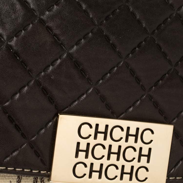 Pre Owned Carolina Herrera Brown/Beige Monogram Leather and Canvas Flap Shoulder Bag