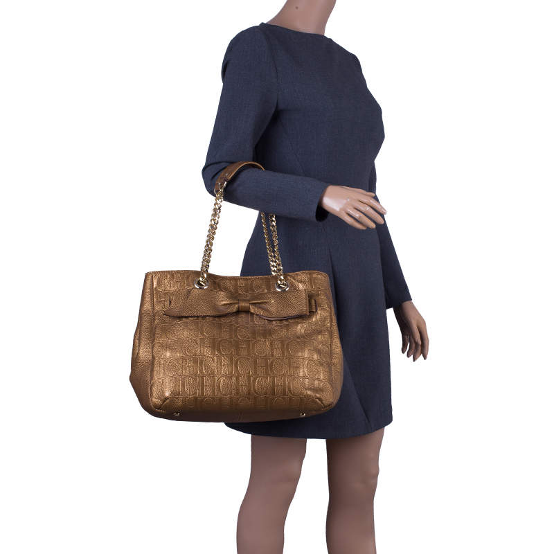 Pre Owned Carolina Herrera Gold Monogram Leather Audrey Tote Bag