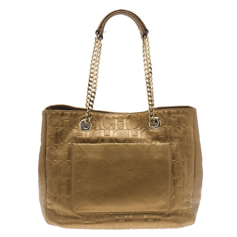 Pre Owned Carolina Herrera Gold Monogram Leather Audrey Tote Bag