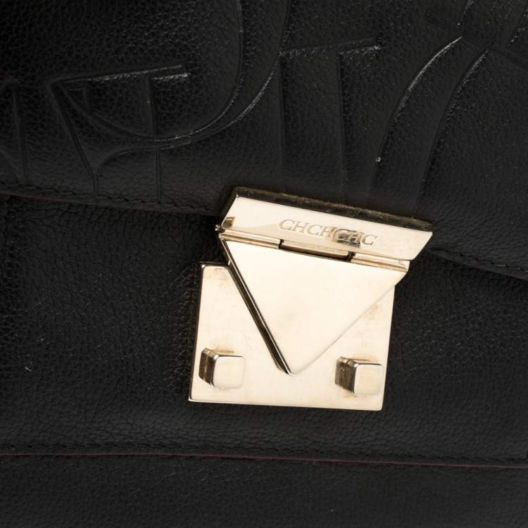 Pre Owned Carolina Herrera Black Embossed Leather Pushlock Flap Top Handle Bag