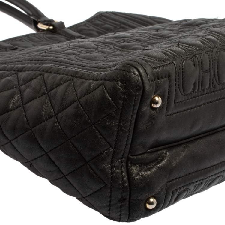 Pre Owned Carolina Herrera Monogram Embossed and Quilted Leather Tote 