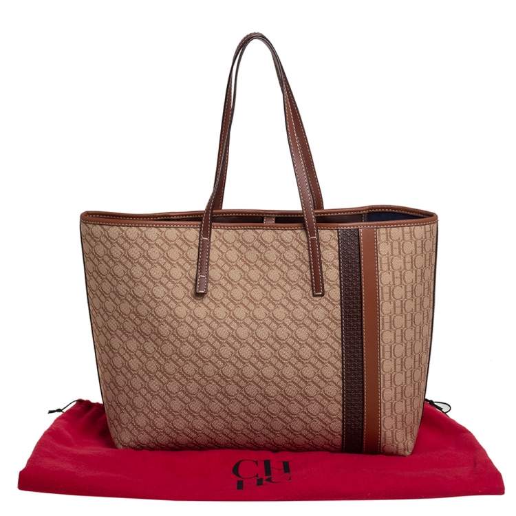 Pre Owned Carolina Herrera Beige/Brown Monogram Canvas and Leather Shopper Tote 