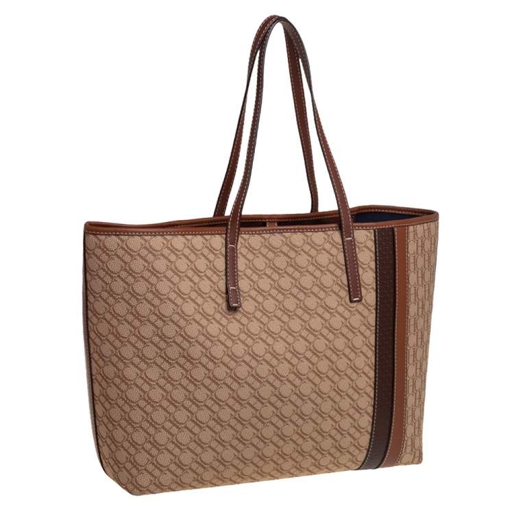 Pre Owned Carolina Herrera Beige/Brown Monogram Canvas and Leather Shopper Tote 