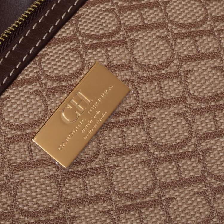 Pre Owned Carolina Herrera Beige/Brown Monogram Canvas and Leather Shopper Tote 