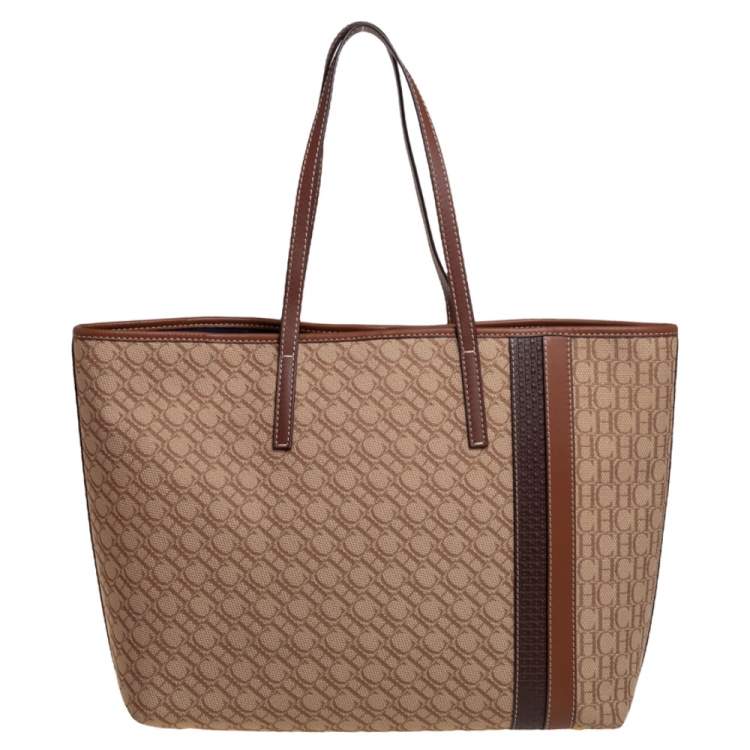 Pre Owned Carolina Herrera Beige/Brown Monogram Canvas and Leather Shopper Tote 