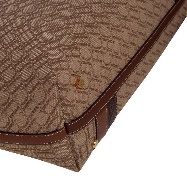Pre Owned Carolina Herrera Beige/Brown Monogram Canvas and Leather Shopper Tote 