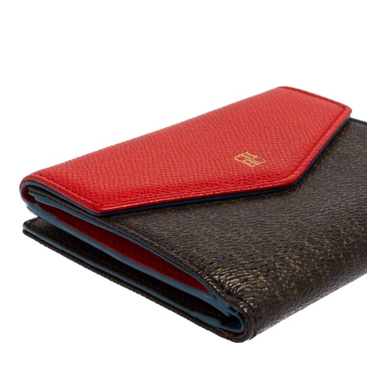 Pre Owned Carolina Herrera Red/Brown Monogram Coated Canvas and Leather Flap Compact Wallet