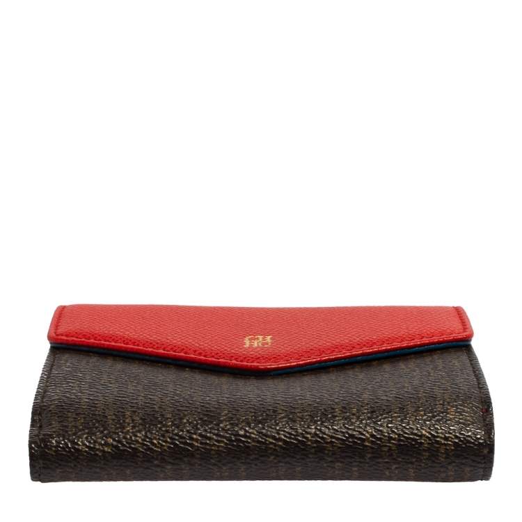 Pre Owned Carolina Herrera Red/Brown Monogram Coated Canvas and Leather Flap Compact Wallet