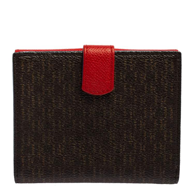 Pre Owned Carolina Herrera Red/Brown Monogram Coated Canvas and Leather Flap Compact Wallet