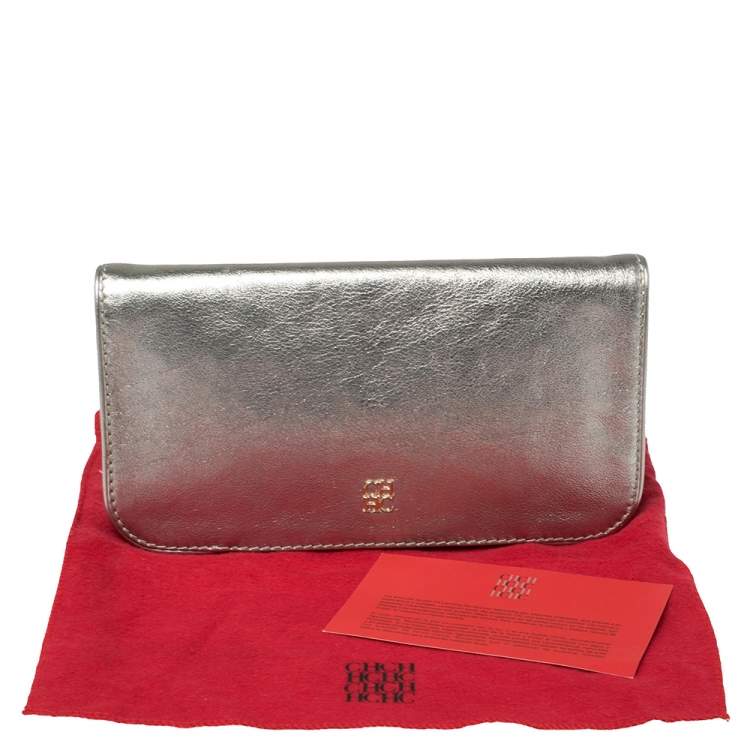Pre Owned Carolina Herrera Metallic Silver Leather Flap Clutch