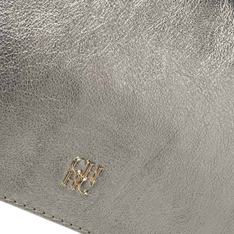Pre Owned Carolina Herrera Metallic Silver Leather Flap Clutch