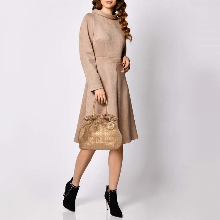 Pre Owned Carolina Herrera Metallic Gold Monogram Leather Bucket Bag