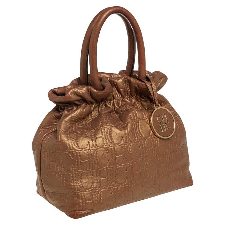 Pre Owned Carolina Herrera Metallic Gold Monogram Leather Bucket Bag