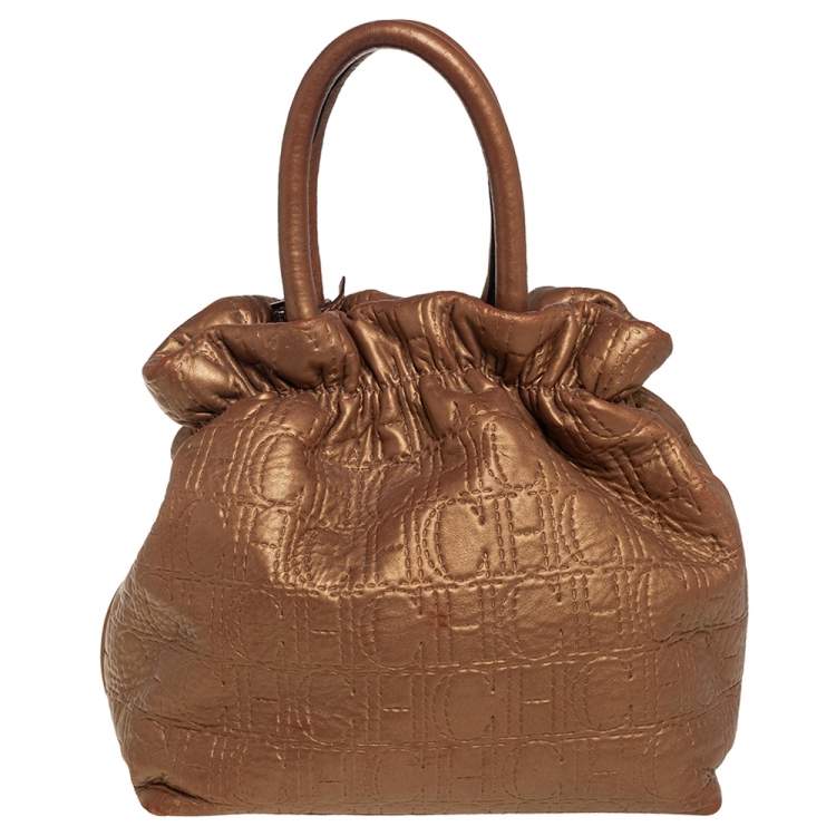 Pre Owned Carolina Herrera Metallic Gold Monogram Leather Bucket Bag