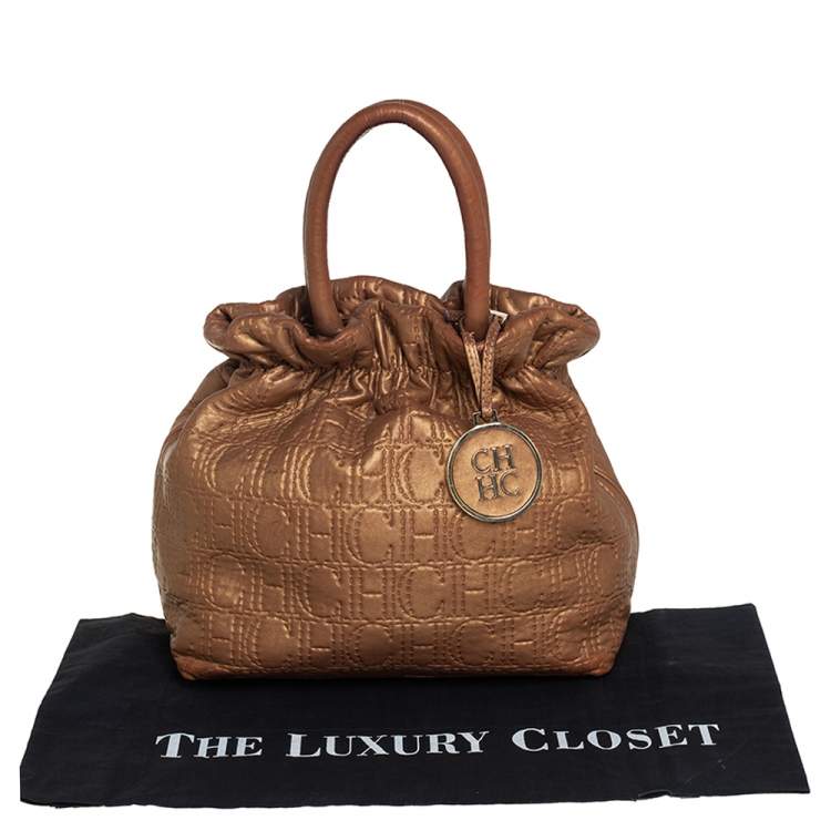 Pre Owned Carolina Herrera Metallic Gold Monogram Leather Bucket Bag