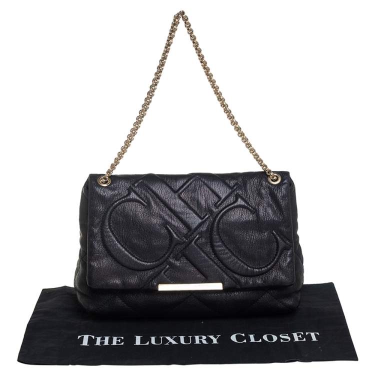 Pre Owned Carolina Herrera Black Embossed Leather Flap Chain Shoulder Bag