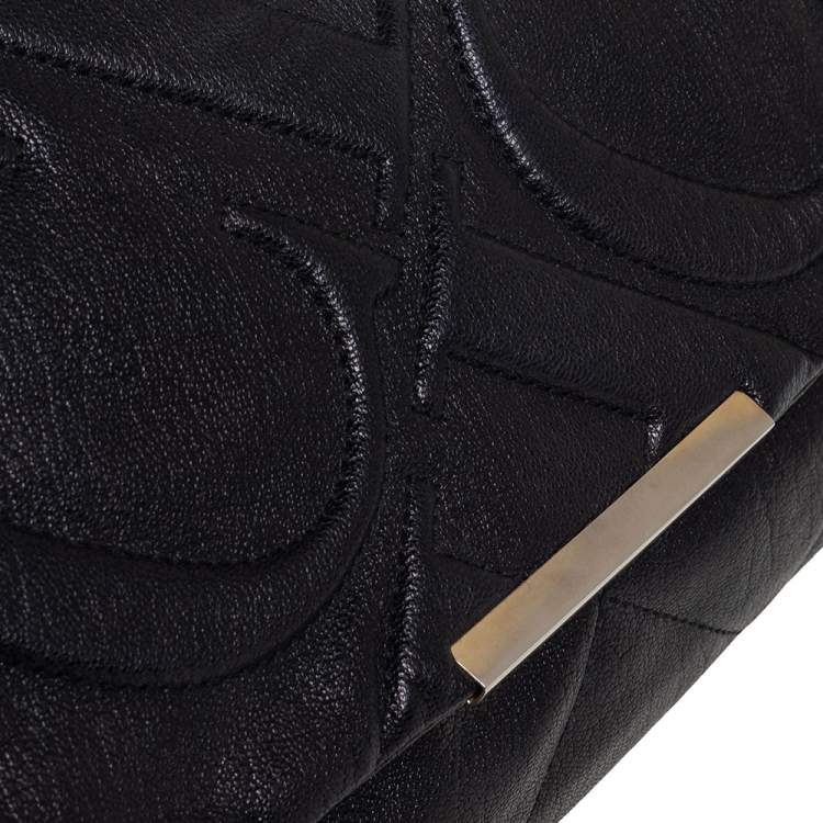 Pre Owned Carolina Herrera Black Embossed Leather Flap Chain Shoulder Bag