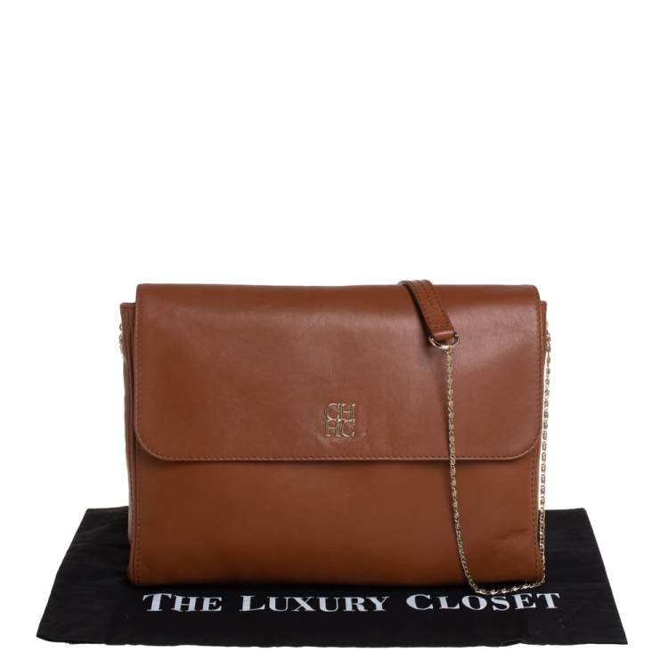 Pre Owned Carolina Herrera Brown Leather Chain Shoulder Bag