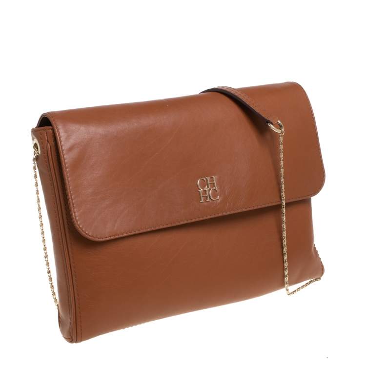 Pre Owned Carolina Herrera Brown Leather Chain Shoulder Bag