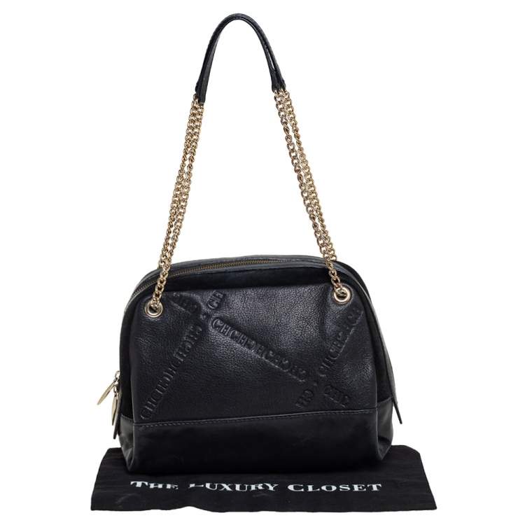 Pre Owned Carolina Herrera Black Leather and Suede Embossed Logo Shoulder Bag