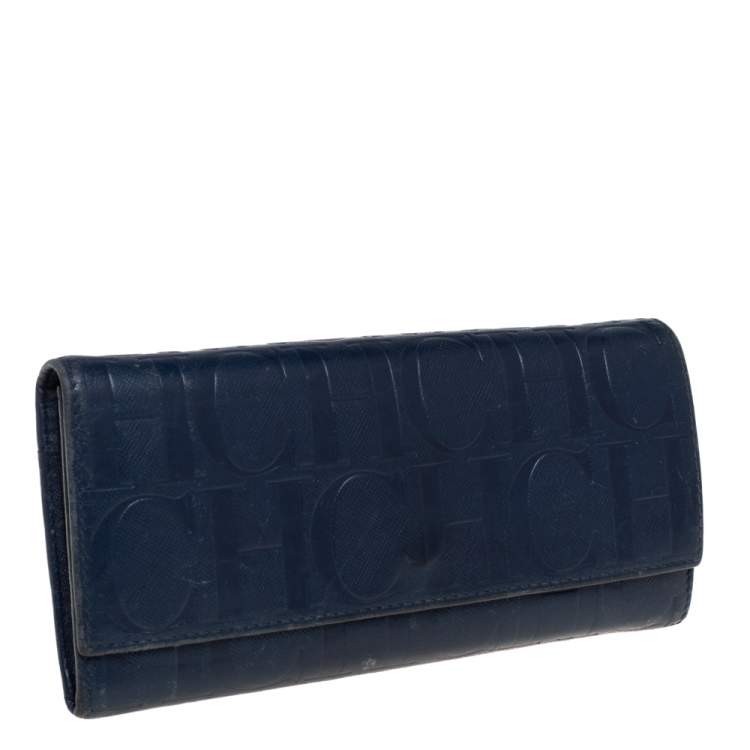 Pre Owned Carolina Herrera Blue Monogram Leather Continental Wallet