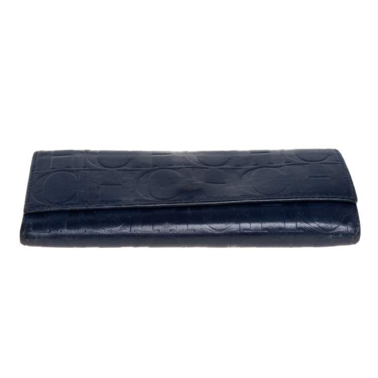 Pre Owned Carolina Herrera Blue Monogram Leather Continental Wallet