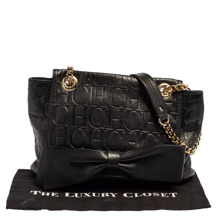 Pre Owned Carolina Herrera Black Monogram Leather Audrey Shoulder Bag