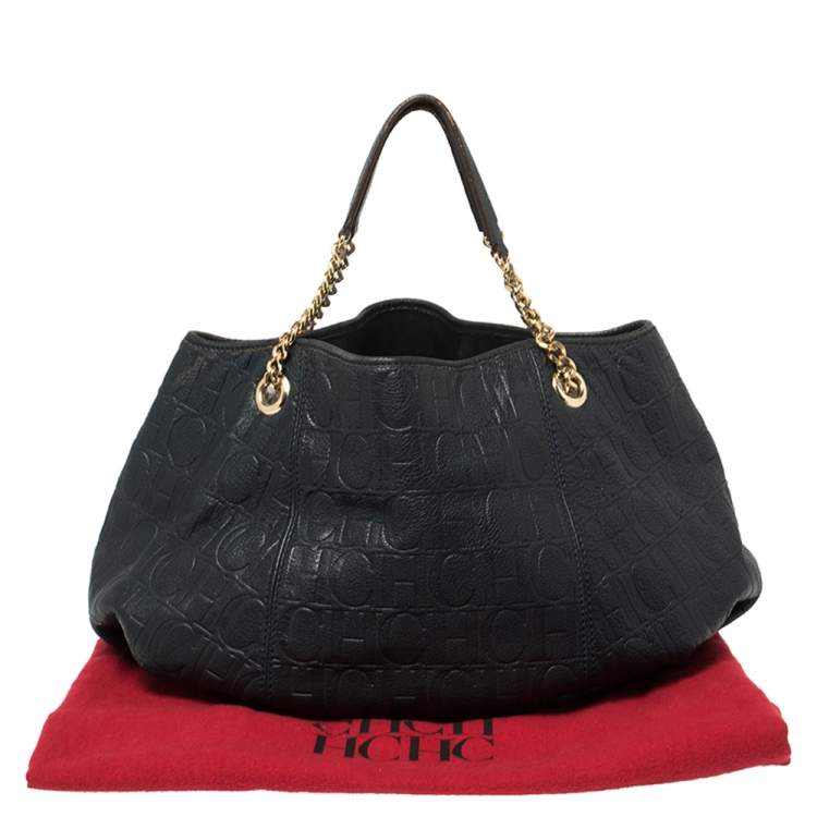 Pre Owned Carolina Herrera Navy Blue Monogram Embossed Leather Chain Shoulder Bag