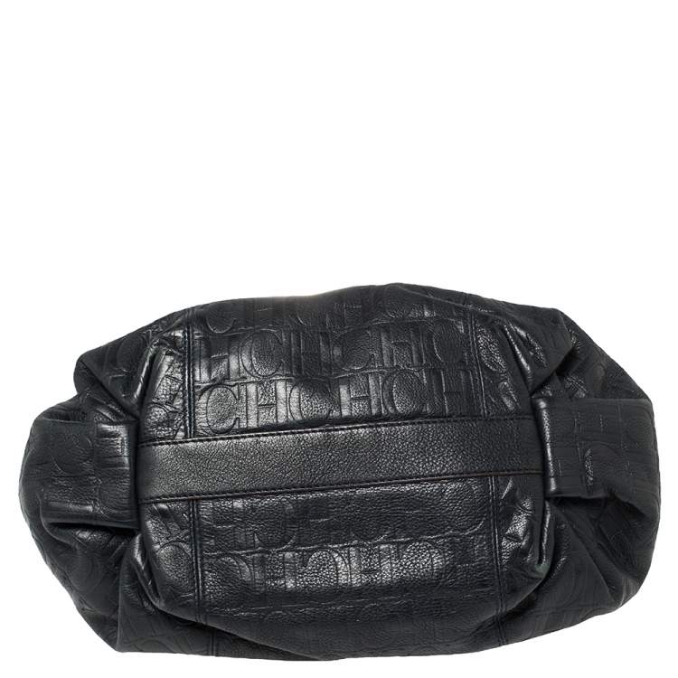 Pre Owned Carolina Herrera Navy Blue Monogram Embossed Leather Chain Shoulder Bag