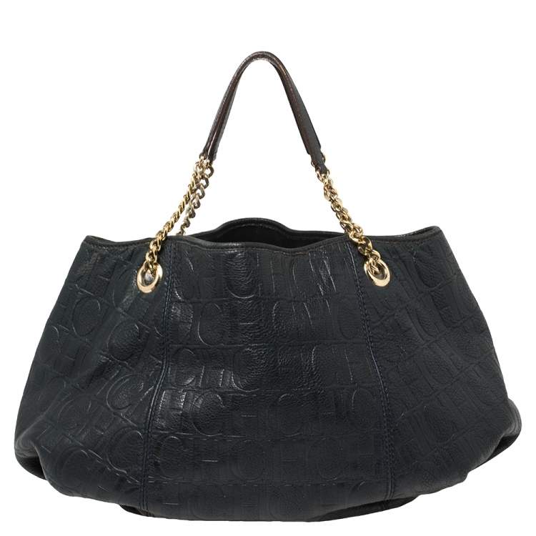 Pre Owned Carolina Herrera Navy Blue Monogram Embossed Leather Chain Shoulder Bag