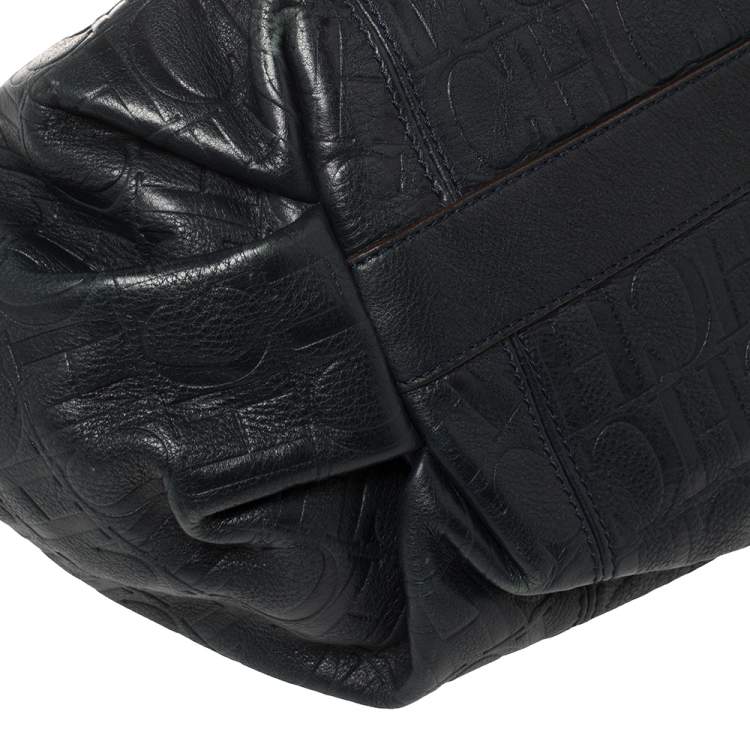 Pre Owned Carolina Herrera Navy Blue Monogram Embossed Leather Chain Shoulder Bag