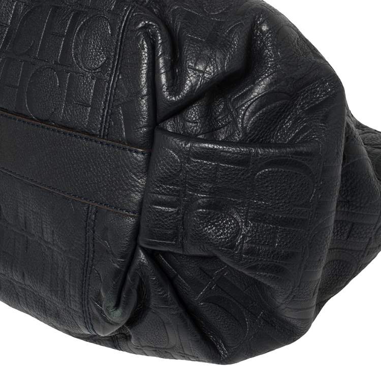 Pre Owned Carolina Herrera Navy Blue Monogram Embossed Leather Chain Shoulder Bag