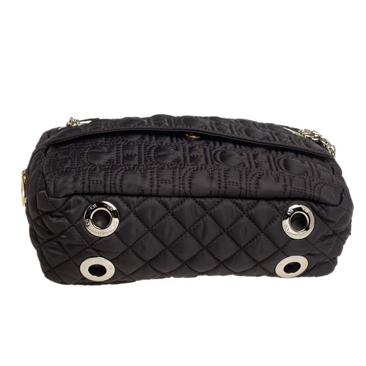 Pre Owned Carolina Herrera Dark Brown Quilted Nylon Chain Shoulder Bag