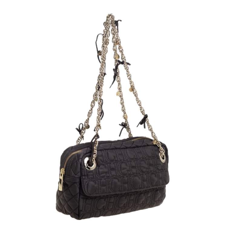Pre Owned Carolina Herrera Dark Brown Quilted Nylon Chain Shoulder Bag
