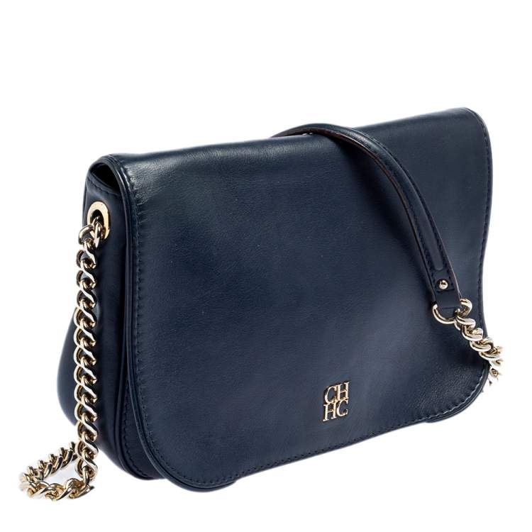 Pre Owned Carolina Herrera Blue Leather New Baltazar Flap Shoulder Bag
