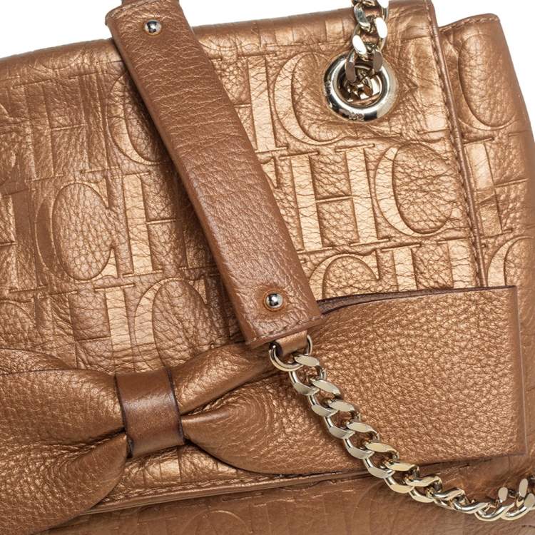 Pre Owned Carolina Herrera Metallic Beige Monogram Leather Audrey Shoulder Bag 