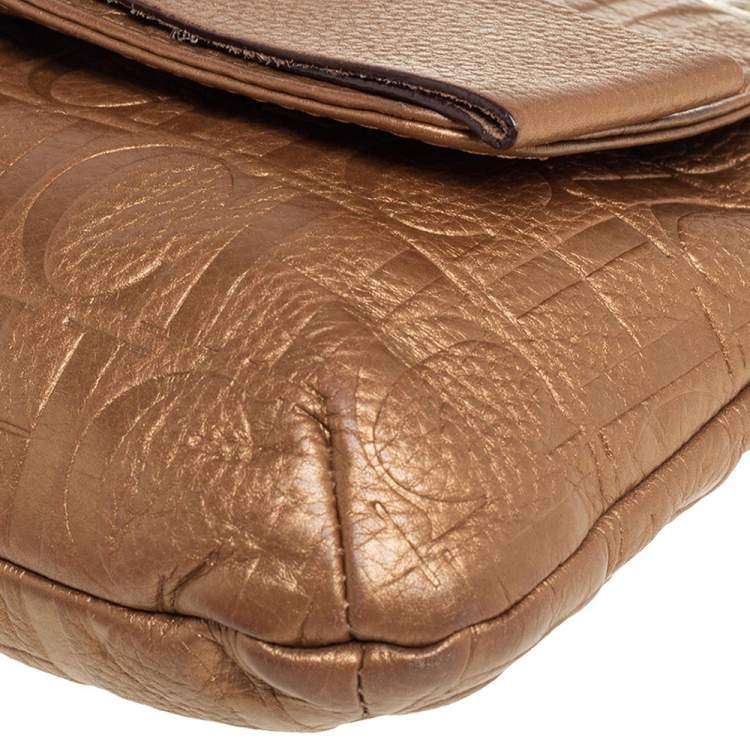 Pre Owned Carolina Herrera Metallic Beige Monogram Leather Audrey Shoulder Bag 