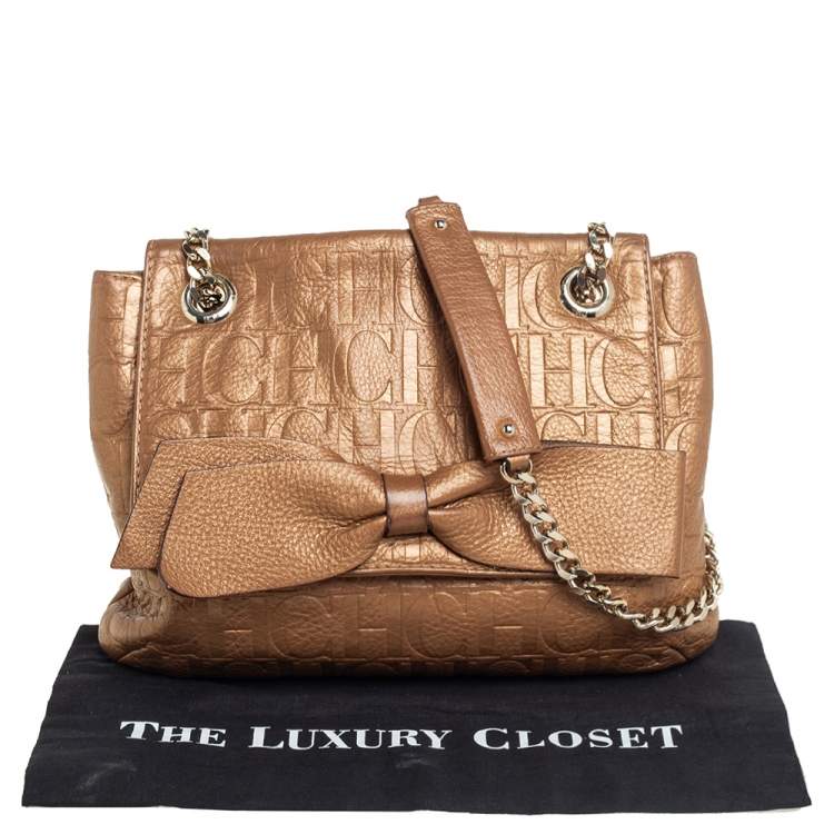 Pre Owned Carolina Herrera Metallic Beige Monogram Leather Audrey Shoulder Bag 