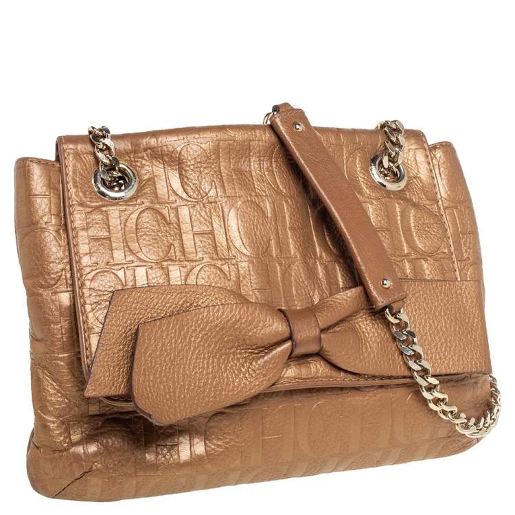 Pre Owned Carolina Herrera Metallic Beige Monogram Leather Audrey Shoulder Bag 