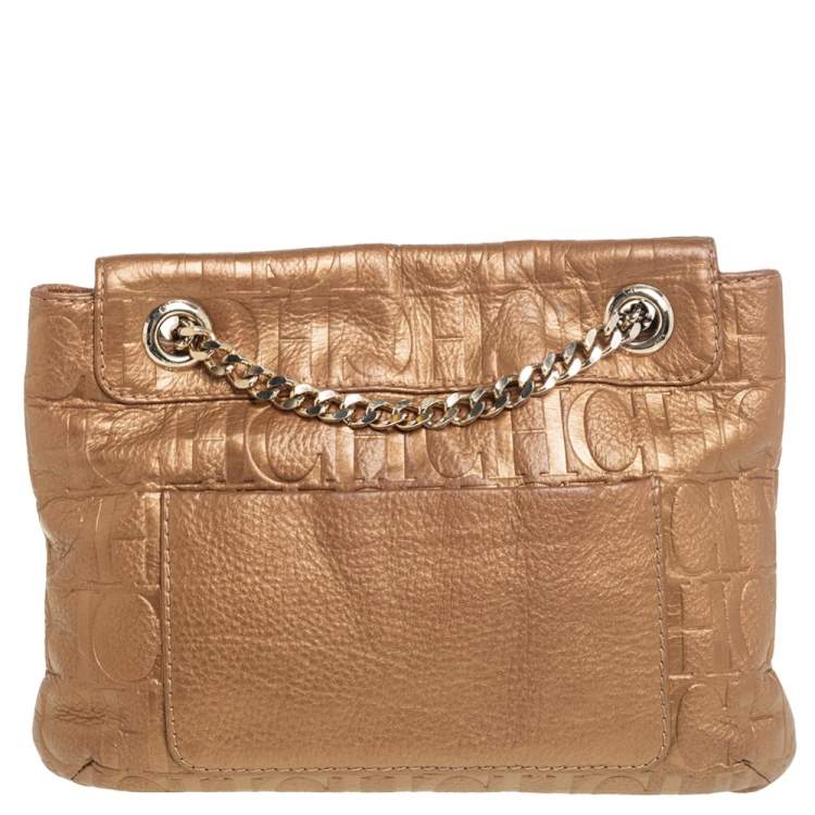 Pre Owned Carolina Herrera Metallic Beige Monogram Leather Audrey Shoulder Bag 