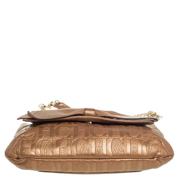 Pre Owned Carolina Herrera Metallic Beige Monogram Leather Audrey Shoulder Bag 