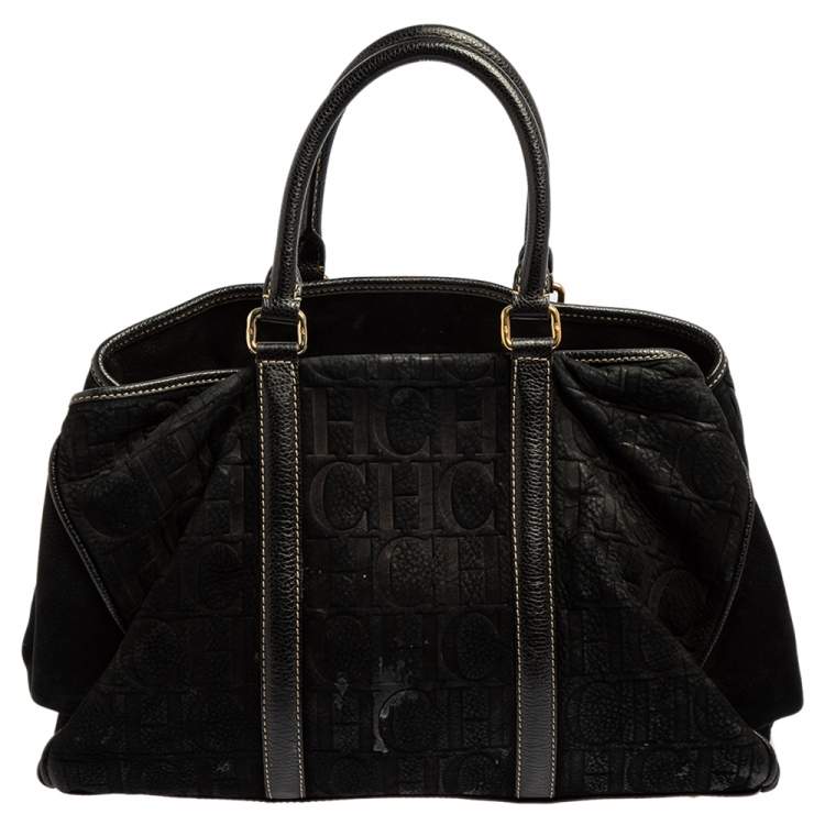 Pre Owned Carolina Herrera Black Monogram Nubuck and Leather Matteo Tote