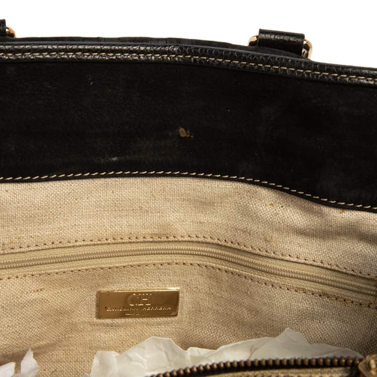 Pre Owned Carolina Herrera Black Monogram Nubuck and Leather Matteo Tote